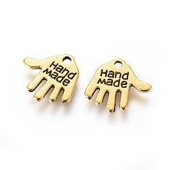 Antique Golden Tibetan Style Alloy Charms, Cadmium Free & Lead Free, Hand Palm with Word Hand Made, Antique Golden, 12.5x13x1mm, Hole: 1mm