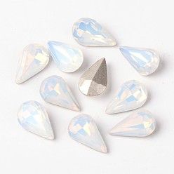 White Opal Faceted Teardrop Glass Pointed Back Rhinestone Cabochons, Grade A, Back Plated, White Opal, 13x8x4.5mm