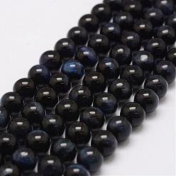 Midnight Blue Natural Tiger Eye Bead Strands, Round, Dyed & Heated, Midnight Blue, 14mm, Hole: 1.5mm, about 28pcs/strand, 14.9 inch~15.5 inch