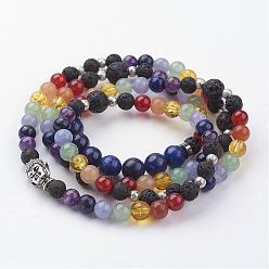 Mixed Stone Natural Mixed Gemstone Beaded Wrap Bracelets, 4-Loop, with Alloy Beads and Brass Textured Beads, 29-1/8 inch(740mm)