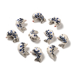 Bleu Royal Perles de porcelaine imprimés faits à la main, porcelaine de la famille rose, poisson, bleu royal, 14~15x20~20.5x10~10.5mm, Trou: 1.8~2mm