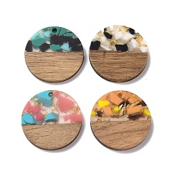 Mixed Color Transparent Resin & Walnut Wood Pendants, with Gold Foil, Flat Round Charm, Mixed Color, 28x3mm, Hole: 2mm
