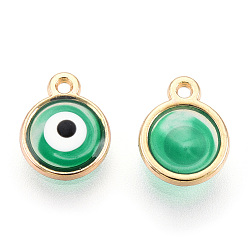 Green Epoxy Resin Enamel Evil Eye Charms, with Rack Plating Light Gold Tone Alloy Open Back Bezel, Cadmium Free & Nickel Free & Lead Free, Green, 10x8x1.5~2.5mm, Hole: 1mm