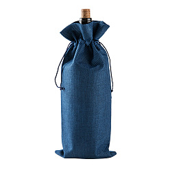 Marine Blue Rectangle Linenette Drawstring Bags, with Price Tags & Cords, for Wine Bottle Packaging, Marine Blue, 36x16cm