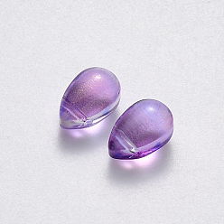 Orchid Transparent Spray Painted Glass Charms, with Glitter Powder, Teardrop, Medium Orchid, 9x6x6mm, Hole: 1mm