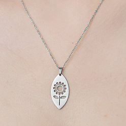 Stainless Steel Color 201 Stainless Steel Hollow Sunflower Pendant Necklace, Stainless Steel Color, 17.72 inch(45cm)