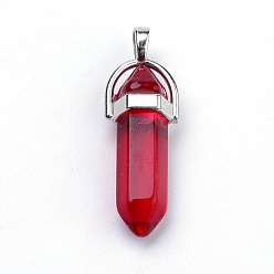Red Glass Pointed Pendants, with Alloy Findings, Bullet, Platinum, Red, 39~42x13x10mm, Hole: 4x3.5mm