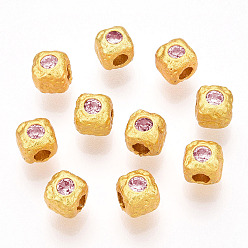 Light Rose Brass Spacer Beads, with Rhinestone, Square, Matte Gold Color, Light Rose, 4x4.5x4.5mm, Hole: 1.8mm