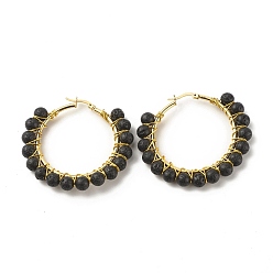 Lava Rock Natural Lava Rock Beaded Hoop Earrings for Women, Real 18K Gold Plated Wire Wrap Big Circle Hoop Earrings, 47~49x51~52x6~6.6mm, Pin: 1.4x0.4mm