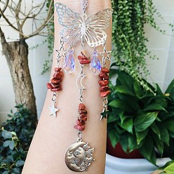 Red Jasper Teardrop Glass & Metal Butterfly Pendant Decorations, Hanging Suncatchers, with Natural Red Jasper Chips, for Home Decoration, Moon/Star/Sun, 230mm