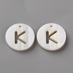 Letter K Natural Freshwater Shell Pendants, Flat Round with Letter, Letter.K, 12x1.5mm, Hole: 1mm