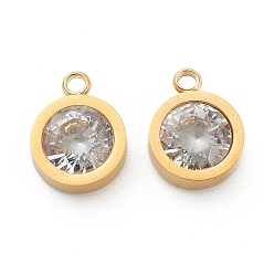 Golden 304 Stainless Steel Rhinestone Charms, Flat Round, Crystal, Golden, 12x9x4mm, Hole: 1.8mm