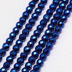 Plaqué Bleu Galvanoplastie non magnétiques hématite synthétique brins de perles, facette, ronde, Grade a, bleu plaqué, 3mm, Trou: 1mm, Environ 127 pcs/chapelet, 16 pouce