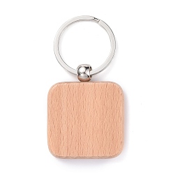 BurlyWood Natural Wood Keychain, with Platinum Plated Iron Split Key Rings, Square, BurlyWood, 7.5cm, Square: 48.5x39.5x7mm