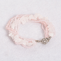 Rose Quartz Rose Quartz Multi-strand Bracelets, with Glass Beads and Magnetic Clasps, 210~220mm