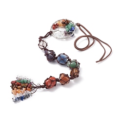 Mixed Stone Chakra Natural Mixed Gemstone Woven Pendant Decorations, with Brass Linking Rings & Faux Suede Cord, Tree of Life, 585mm