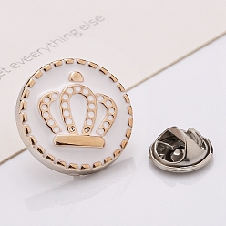 Snow Plastic Brooch, Alloy Pin, with Enamel, for Garment Accessories, Round with Crown, Snow, 18mm
