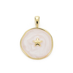 White Brass Enamel Pendants, Cadmium Free & Nickel Free & Lead Free, Real 16K Gold Plated, Flat Round with Star, White, 20.5x15.5x4.5mm, Hole: 2.5x3mm