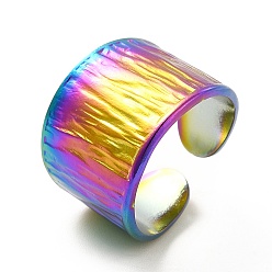 Rainbow Color Ion Plating(IP) 304 Stainless Steel Textured Wide Band Open Cuff Ring for Women, Rainbow Color, US Size 6 1/2(16.9mm), 8~15mm