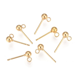 Real 18K Gold Plated 202 Stainless Steel Ball Stud Earring Findings, with 304 Stainless Steel Pins and Loop, Round, Real 18k Gold Plated, 15mm, Hole: 1.7mm, Pin: 0.7mm