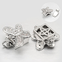 Platinum Eco-Friendly Vacuum Plating & Long-Lasting Plated Brass Micro Pave Cubic Zirconia Box Clasps, Butterfly, Cadmium Free & Nickel Free & Lead Free, Platinum, 14x14x5mm, Hole: 1.5mm