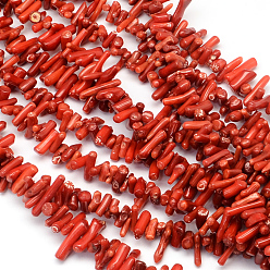 Rouge Indien Copeaux teints brins de perles de corail synthétiques, rouge indien, 4~18x2~5x2~4mm, Trou: 0.5mm, 16.1 pouce/brin, environ2082~3562 pcs / 500 g