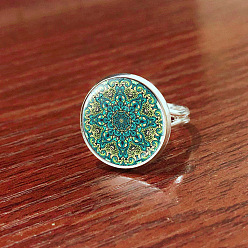 Green Glass Mandala Flower Finger Ring, Platinum Brass Flat Round Signet Ring for Women, Green, US Size 8(18.1mm)
