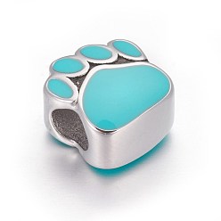 Cyan 304 Stainless Steel European Beads, with Enamel, Large Hole Beads, Dog Paw Prints, Stainless Steel Color, Cyan, 10.5x10x7mm, Hole: 4.5mm