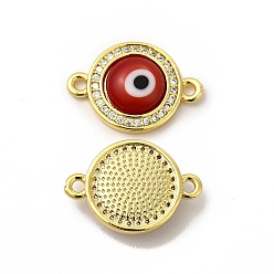 Red Rack Plating Real 18K Gold Plated Brass Micro Pave Clear Cubic Zirconia Connector Charms, Flat Round with Evil Eye Links, with Handmade Lampwork, Cadmium Free & Lead Free, Long-Lasting, Red, 18.5x13x4mm, Hole: 1.4mm