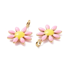 Pearl Pink Ion Plating(IP) 304 Stainless Steel Charms, with Enamel, Golden, Flower, Pearl Pink, 10x7.5x2mm, Hole: 1mm