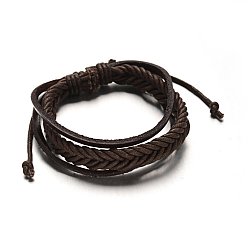 Coconut Brown Adjustable Leather Cord Multi-Strand Bracelets, with PU Leather Cords, Coconut Brown, 53mm, 16x5mm
