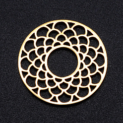 Golden 201 Stainless Steel Filigree Joiners Links, Laser Cut, Flat Round with Flower, Golden, 17.5x1mm