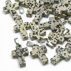 Dalmatian Jasper Natural Dalmatian Jasper Pendants, with Stainless Steel Snap On Bails, Cross, 29~30x18~19x5~6mm, Hole: 6x4mm