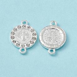 Silver Religion Alloy Crystal Rhinestone Connector Charms, Flat Round Links with Saint, Silver, 27x19x3mm, Hole: 2.2mm