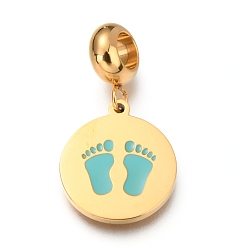Medium Turquoise Ion Plating(IP) 304 Stainless Steel European Dangle Charms, with Enamel, Large Hole Pendants, Flat Round with Baby Feet, Golden, Medium Turquoise, 25mm, Hole: 4.5mm, Pendant: 16x14x1.3mm