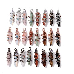 Mixed Stone Natural & Synthetic Gemstone Big Pendants, with Mixed Color Plated Rack Plating Brass Findings and Mixed Stone Chip Beads, Cadmium Free & Lead Free, Faceted, Hexagonal Prisms Charm, Mixed Dyed and Undyed, 64~68x16~17x16~17mm, Hole: 7.5mm