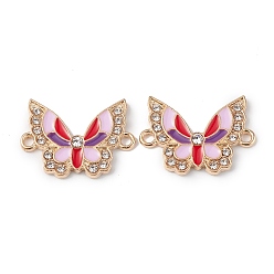 Pink Alloy Enamel Connector Charms, Butterfly Links with Crystal Rhinestone, Light Gold, Cadmium Free & Nickel Free & Lead Free, Pink, 16x22x2mm, Hole: 1.6mm