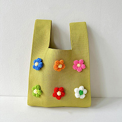 Yellow Green Polyester 3D Flower Knitted Tote Bags, Cartoon Crochet Handbags for Women, Yellow Green, 34x21cm