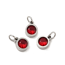 Dark Red 304 Stainless Steel Pendants, with Cubic Zirconia and Jump Rings, Single Stone Charms, Flat Round, Stainless Steel Color, Dark Red, 8.5x6.5x3mm, Hole: 3.6mm