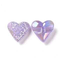 Lila Perlas de acrílico chapadas en arco iris iridiscentes, perlas de brillo, corazón con diseño de flores, lila, 32x32x13.5 mm, agujero: 3 mm