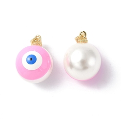 Pearl Pink Shell Enamel Pendants, with Real 18K Gold Plated Brass Findings, Long-Lasting Plated, Round with Evil Eye Charm, Pearl Pink, 20x16x17mm, Hole: 3.5x4.5mm