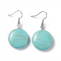 Synthetic Turquoise Synthetic Turquoise Flat Round Dangle Earrings, Platinum Brass Jewelry for Womenen, 42mm, Pin: 0.7mm