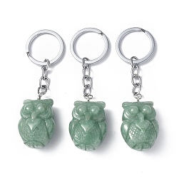 Aventurine Verte Porte-clés pendentif en aventurine verte naturelle, avec des découvertes de porte-clés en fer, chouette, 8 cm