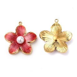 Crimson 304 Stainless Steel Enamel Pendants, with ABS Imitation Pearl, Real 18K Gold Plated, Flower Charm, Crimson, 22x20.5x6mm, Hole: 1.4mm