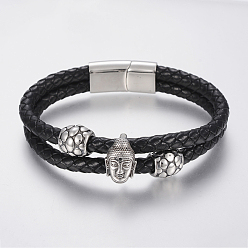 Noir Corde tressée en cuir bracelets multi-brins, avec 304 trouvailles de perles en acier inoxydable et fermoirs magnétiques, Bouddha, noir, 8-5/8 pouces (220 mm), 29x14x8mm