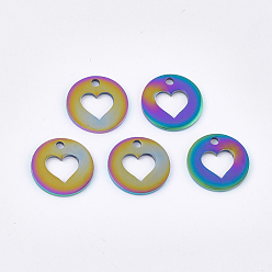 Rainbow Color Ion Plating(IP) 201 Stainless Steel Charms, Flat Round with Heart, Rainbow Color, 12x1mm, Hole: 1.5mm