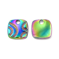 Rainbow Color Chapado de iones (ip) 304 colgantes de acero inoxidable ajustes de diamantes de imitación, plaza, color del arco iris, 14x14x2 mm, agujero: 2.5 mm, aptos para 0.7 mm de diamante de imitación