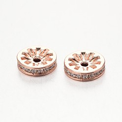 Real Rose Gold Plated Brass Micro Pave Grade AAA Cubic Zirconia Beads, Disc, Cadmium Free & Nickel Free & Lead Free, Real Rose Gold Plated, 8x3mm, Hole: 1.5mm