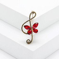 Ruby Alloy Rhinestone Safety Pin Brooch, Musical Note with Butterfly, Ruby, 44x23mm