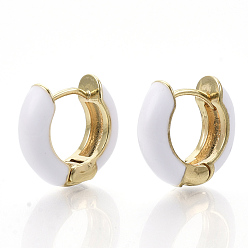 White Brass Huggie Hoop Earrings, with Enamel, Real 18K Gold Plated, White, 14x15x5mm, Pin: 1x1mm